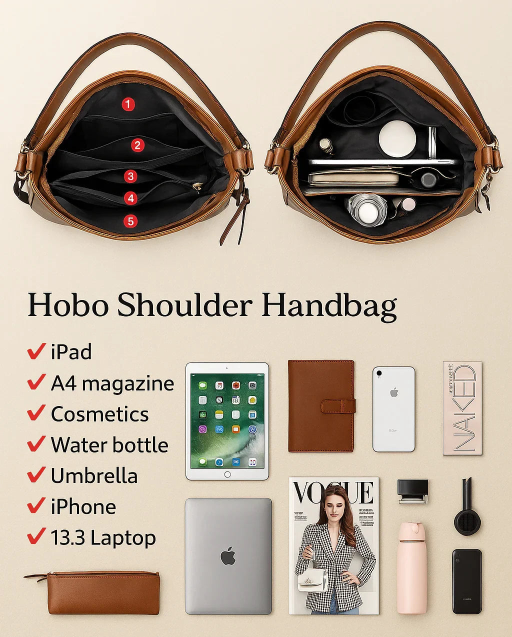 Luxury Leather Hobo Anti-Theft Handbag + FREE Pouch Wallet