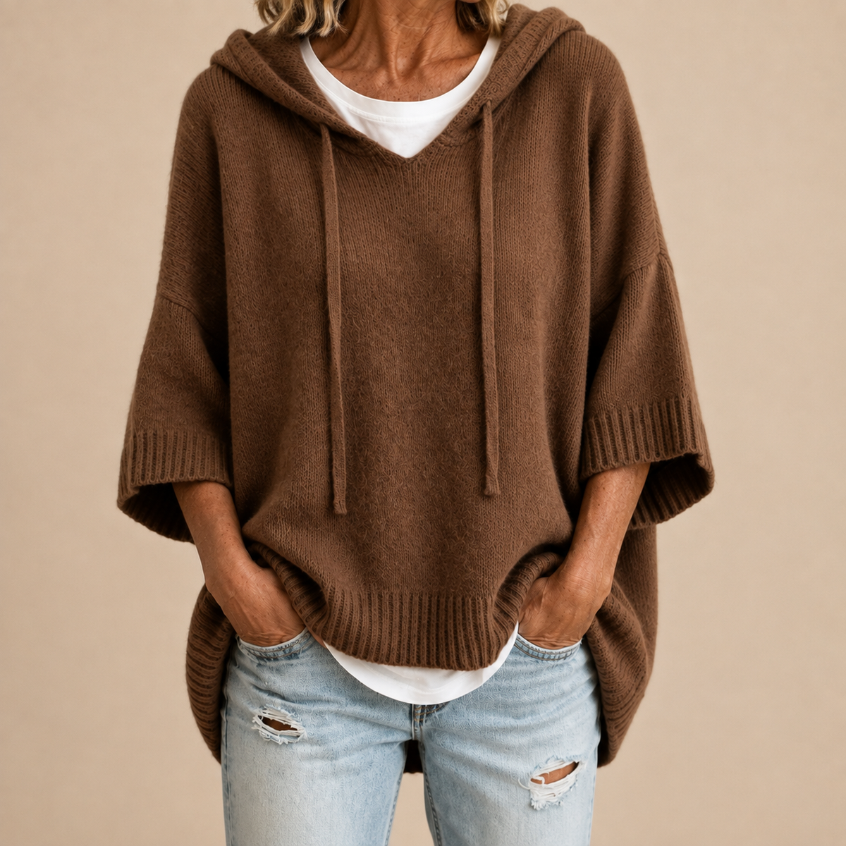 Mirella | Knit Hooded Poncho with Three-Quarter Sleeves