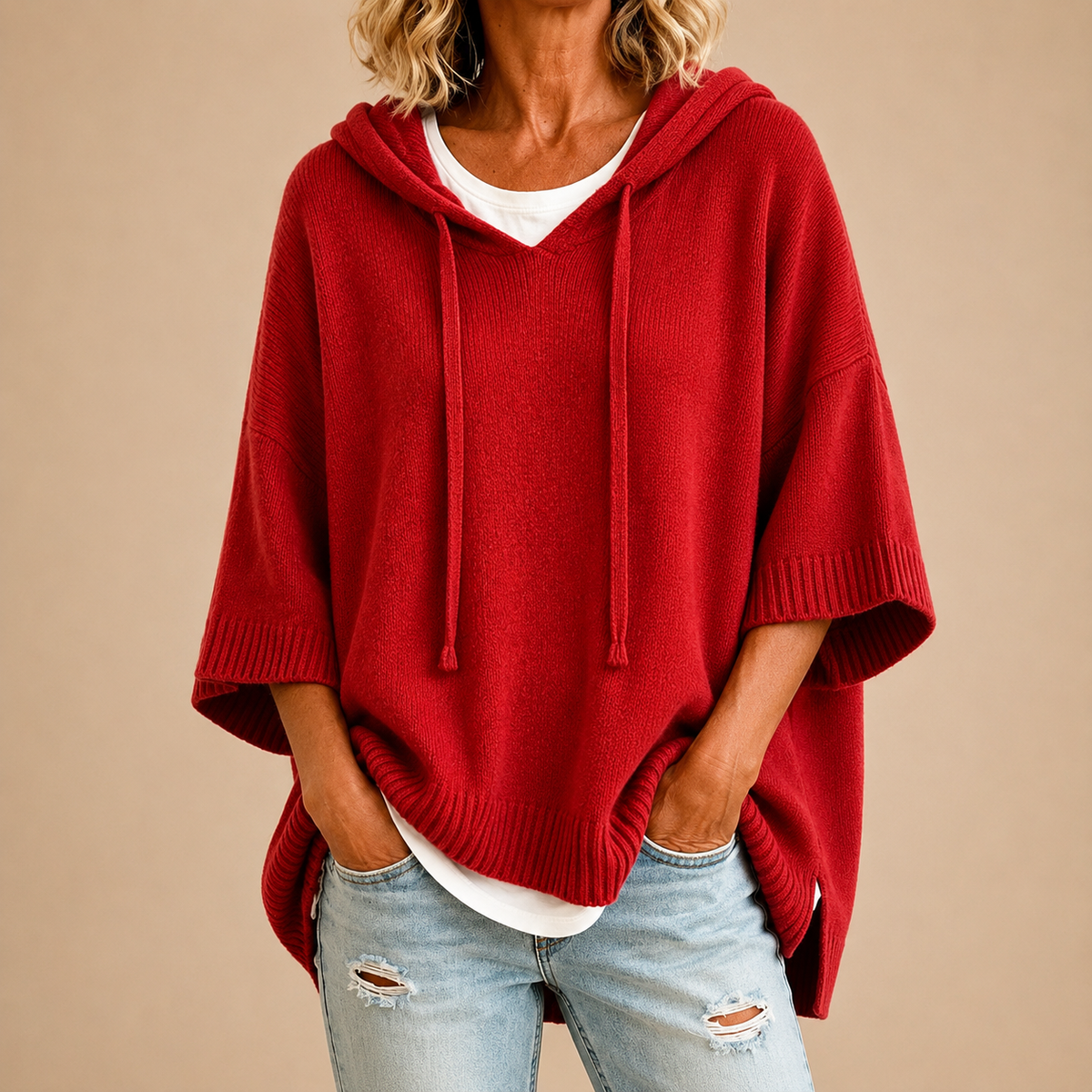 Mirella | Knit Hooded Poncho with Three-Quarter Sleeves