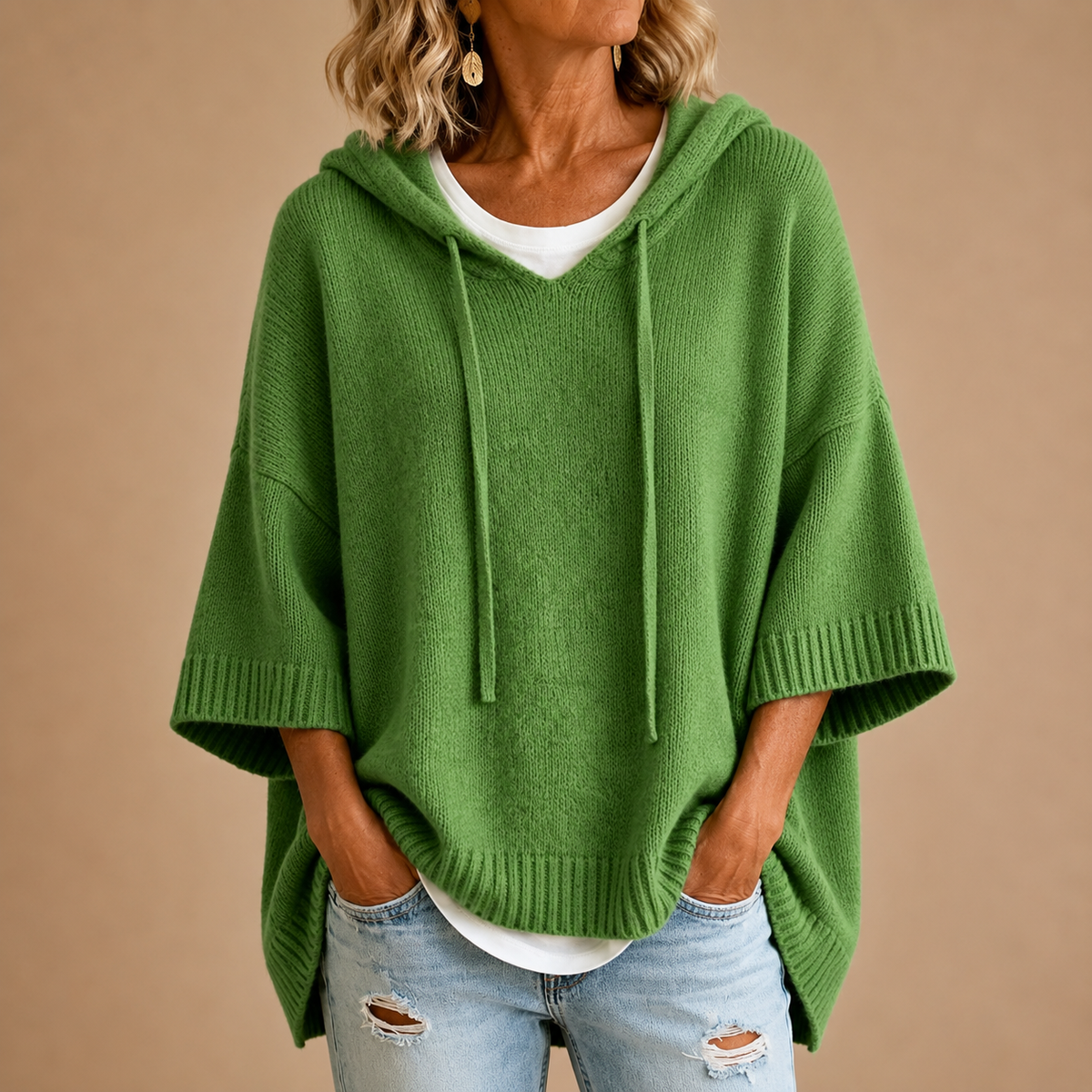 Mirella | Knit Hooded Poncho with Three-Quarter Sleeves