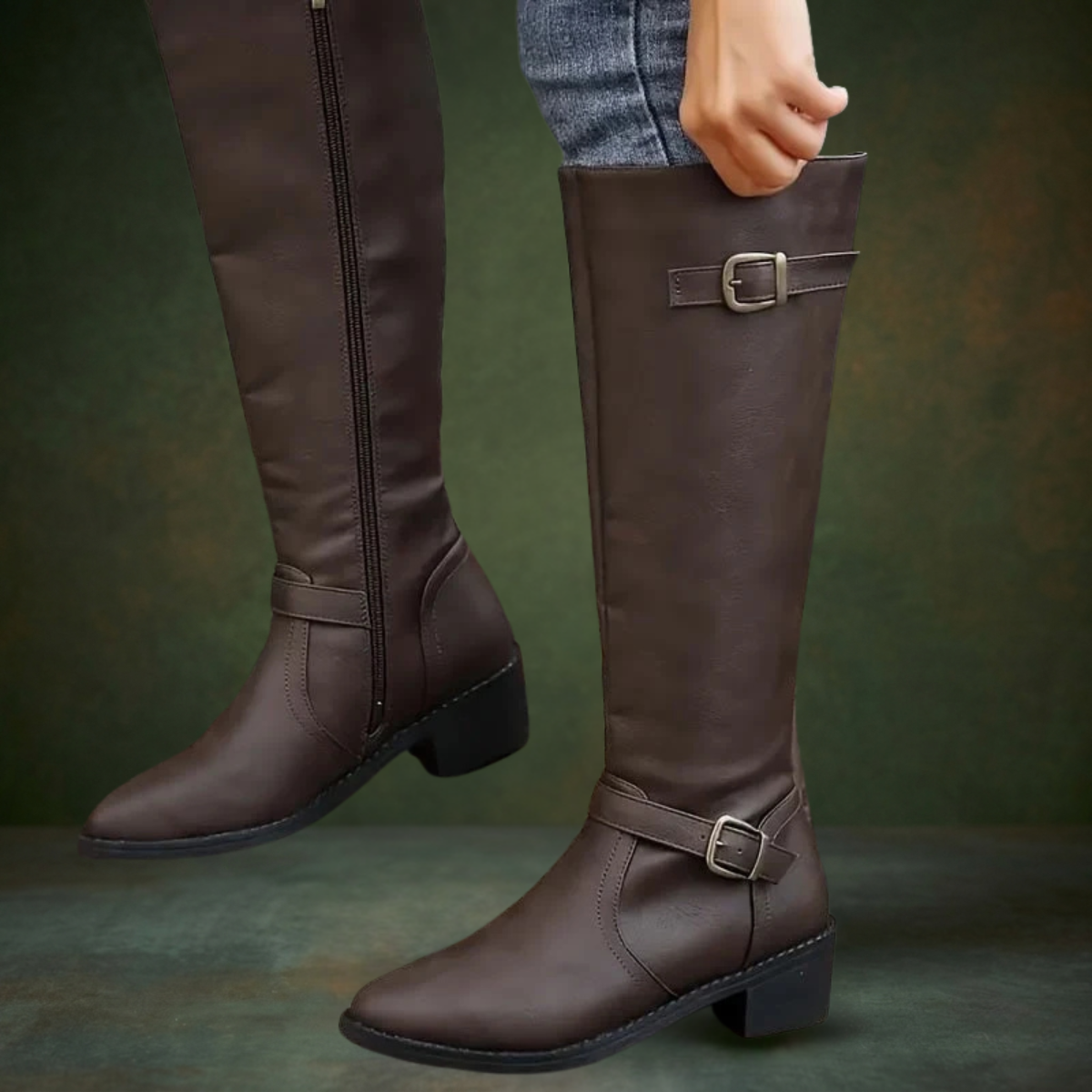 Kim | Knee High Riding Buckle Low Block Heel
