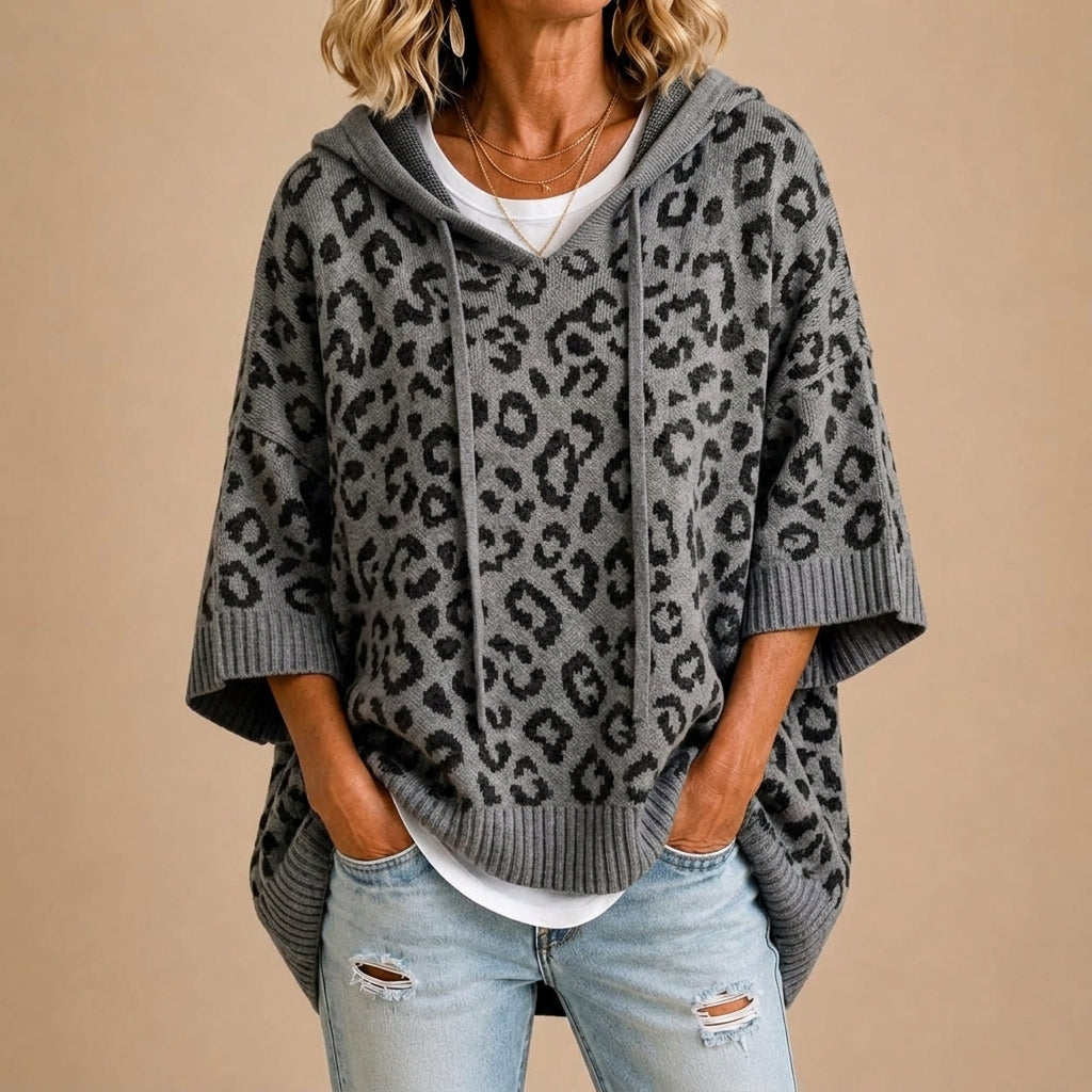 Gabriella | Knit Animal Print Poncho with Hood