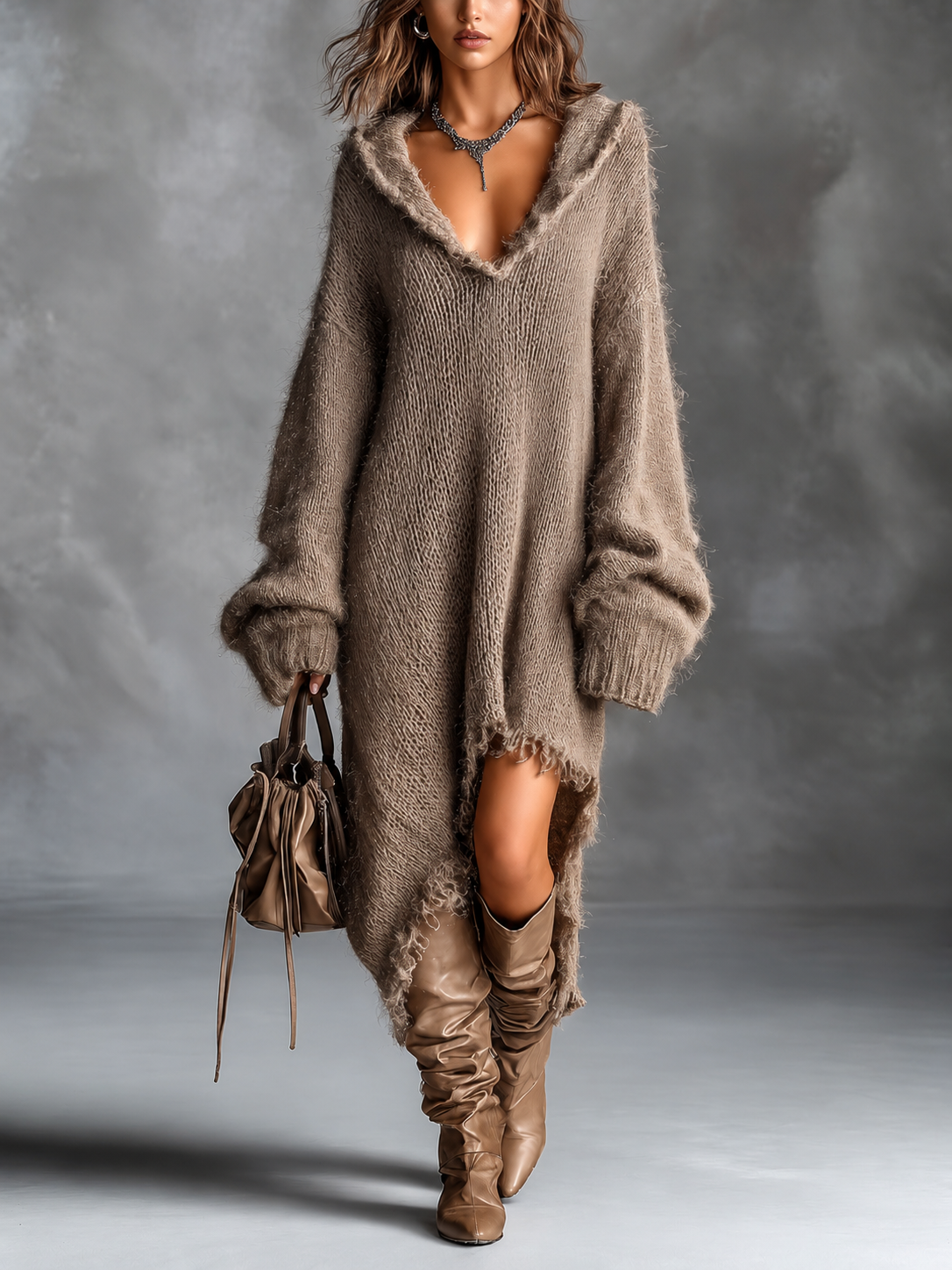 Elena | Fuzzy Knit Hooded Oversized Dress