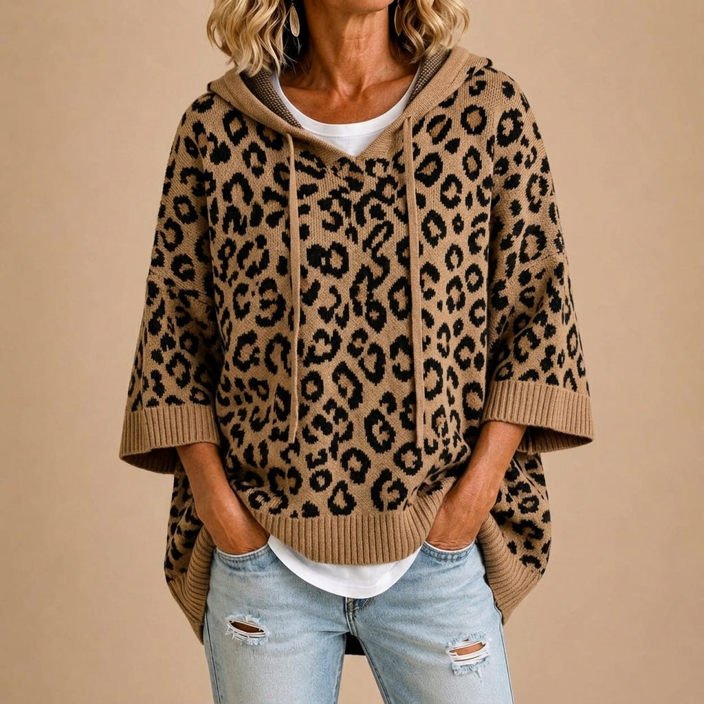 Gabriella | Knit Animal Print Poncho with Hood