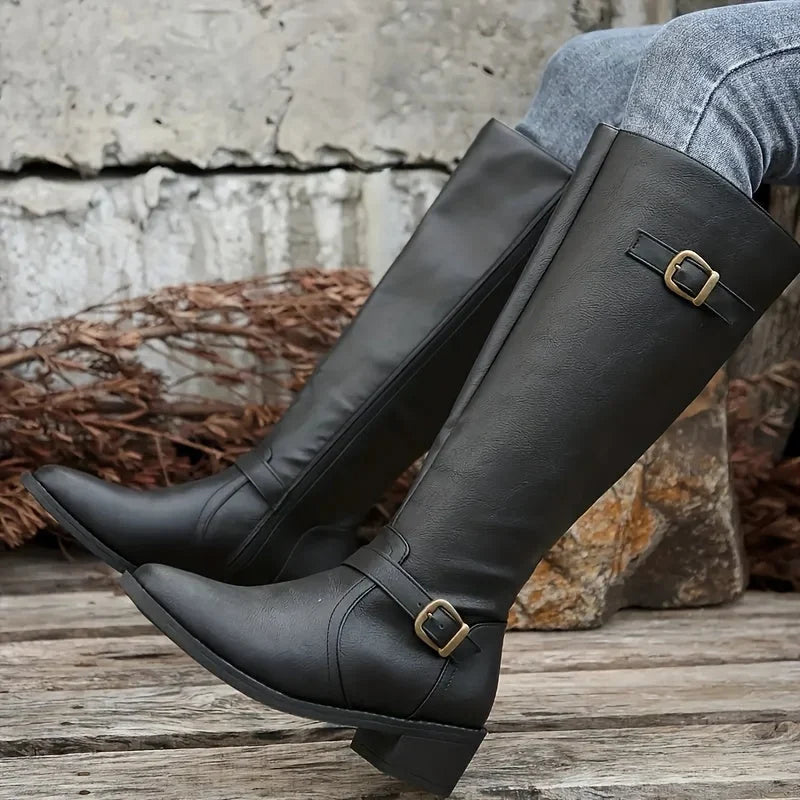 Carla | Knee High Riding Buckle Low Block Heel