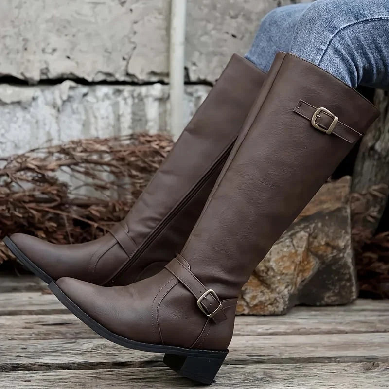 Carla | Knee High Riding Buckle Low Block Heel