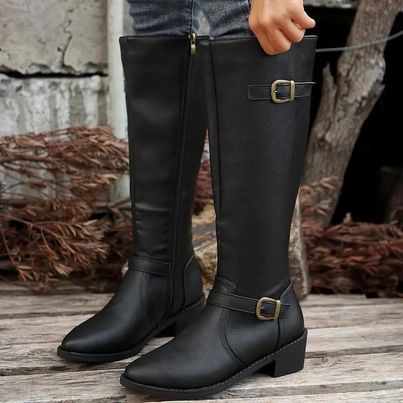 Carla | Knee High Riding Buckle Low Block Heel