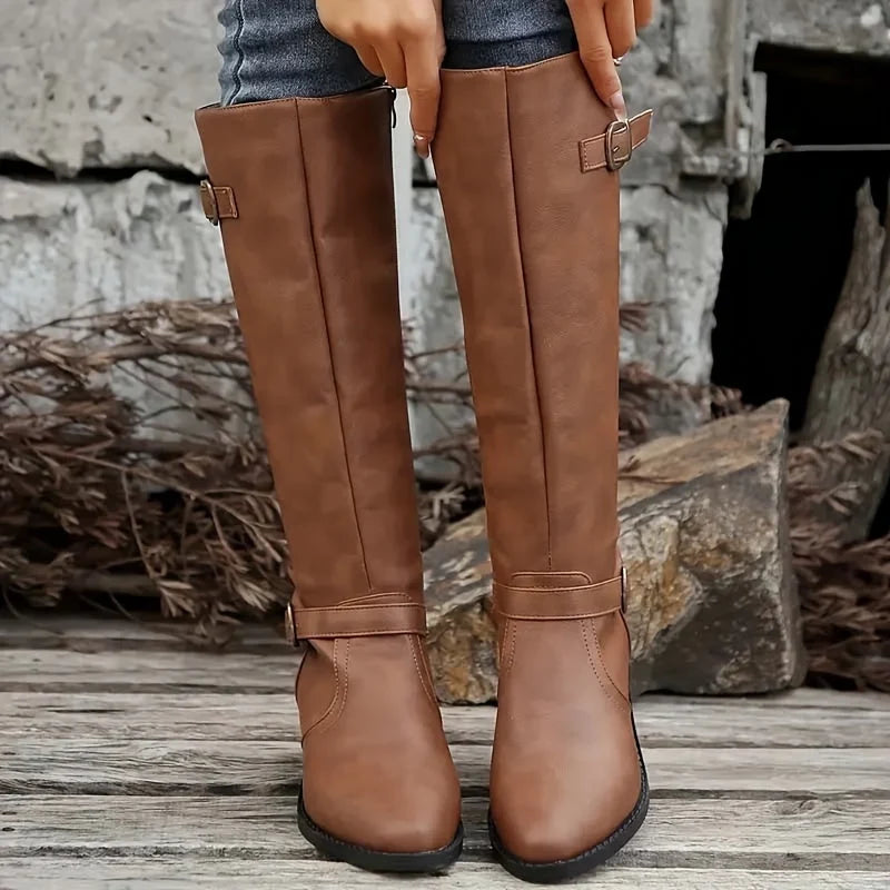 Carla | Knee High Riding Buckle Low Block Heel
