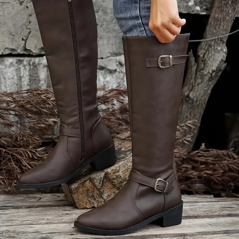 Carla | Knee High Riding Buckle Low Block Heel