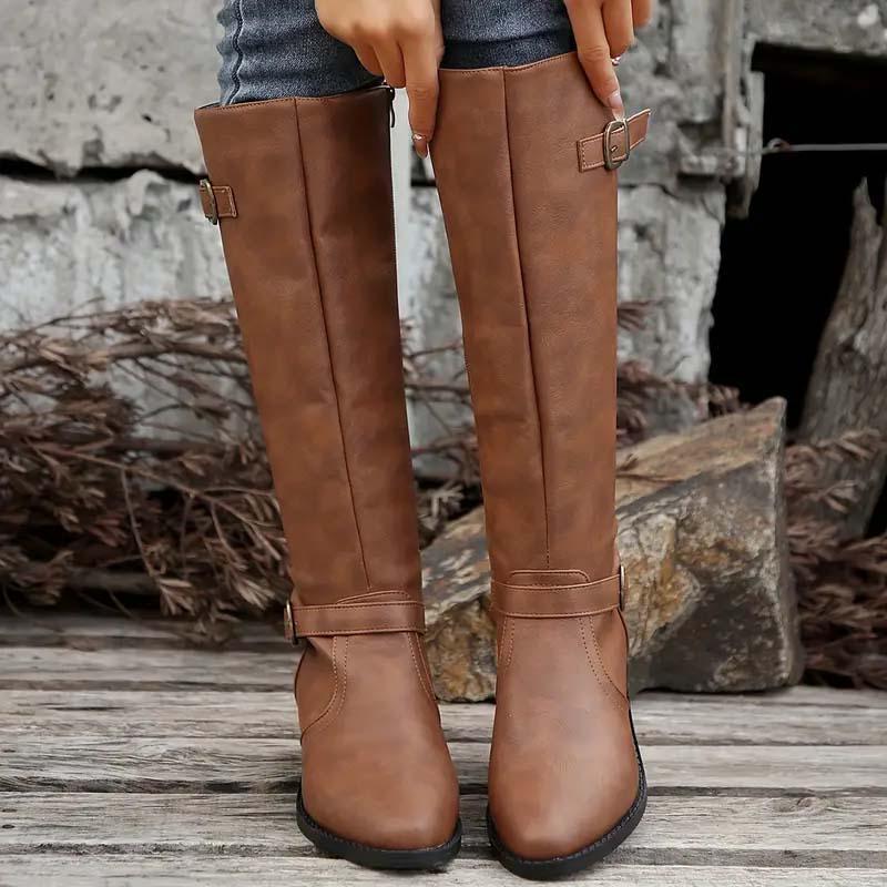 Carla | Knee High Riding Buckle Low Block Heel