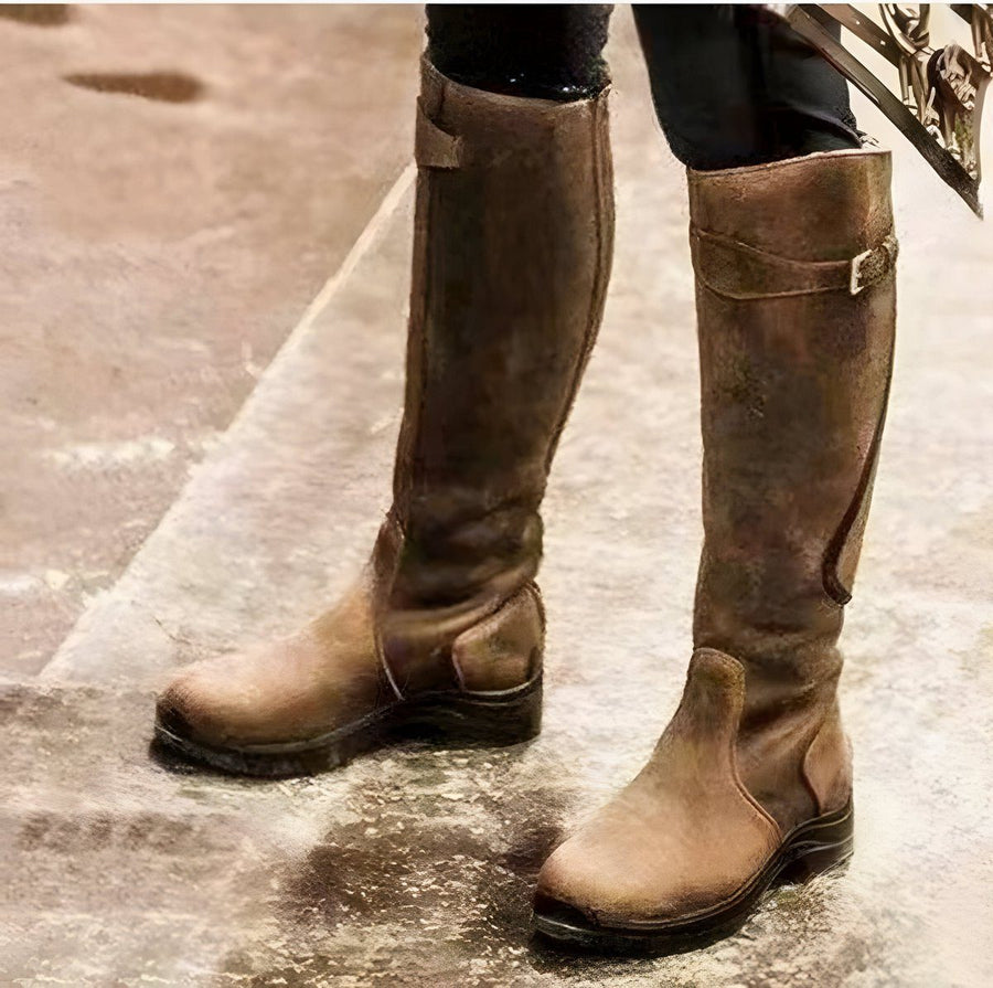 Mary | Leather Knee High Riding Boots with Buckle Strap for Women