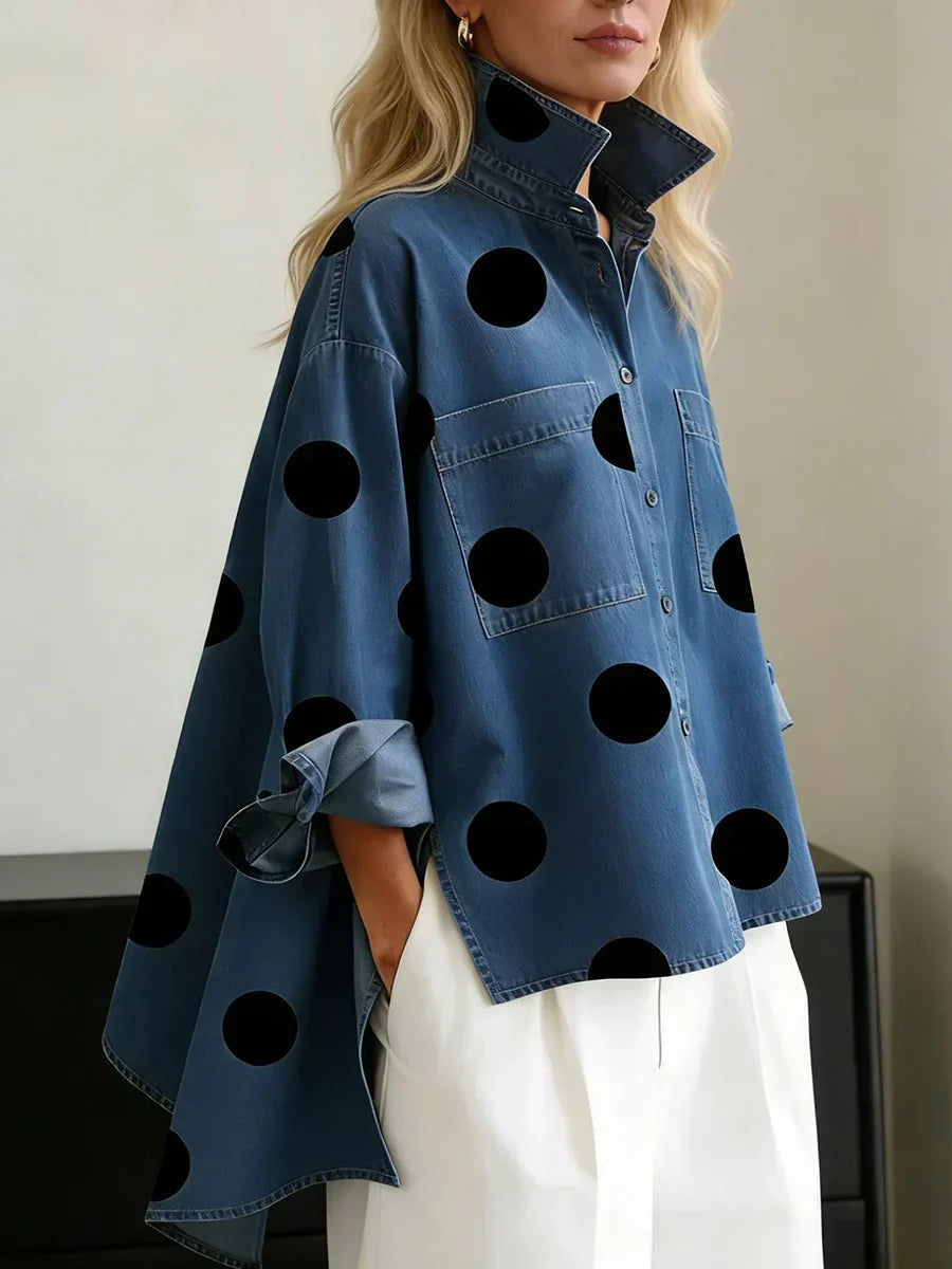 Claire | Polka Dot Button Up Shirt with Spread Collar and Chest Pockets
