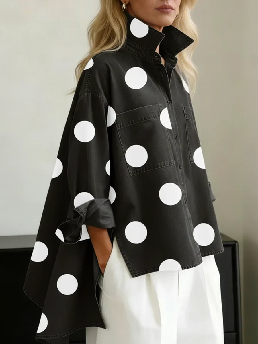 Claire | Polka Dot Button Up Shirt with Spread Collar and Chest Pockets