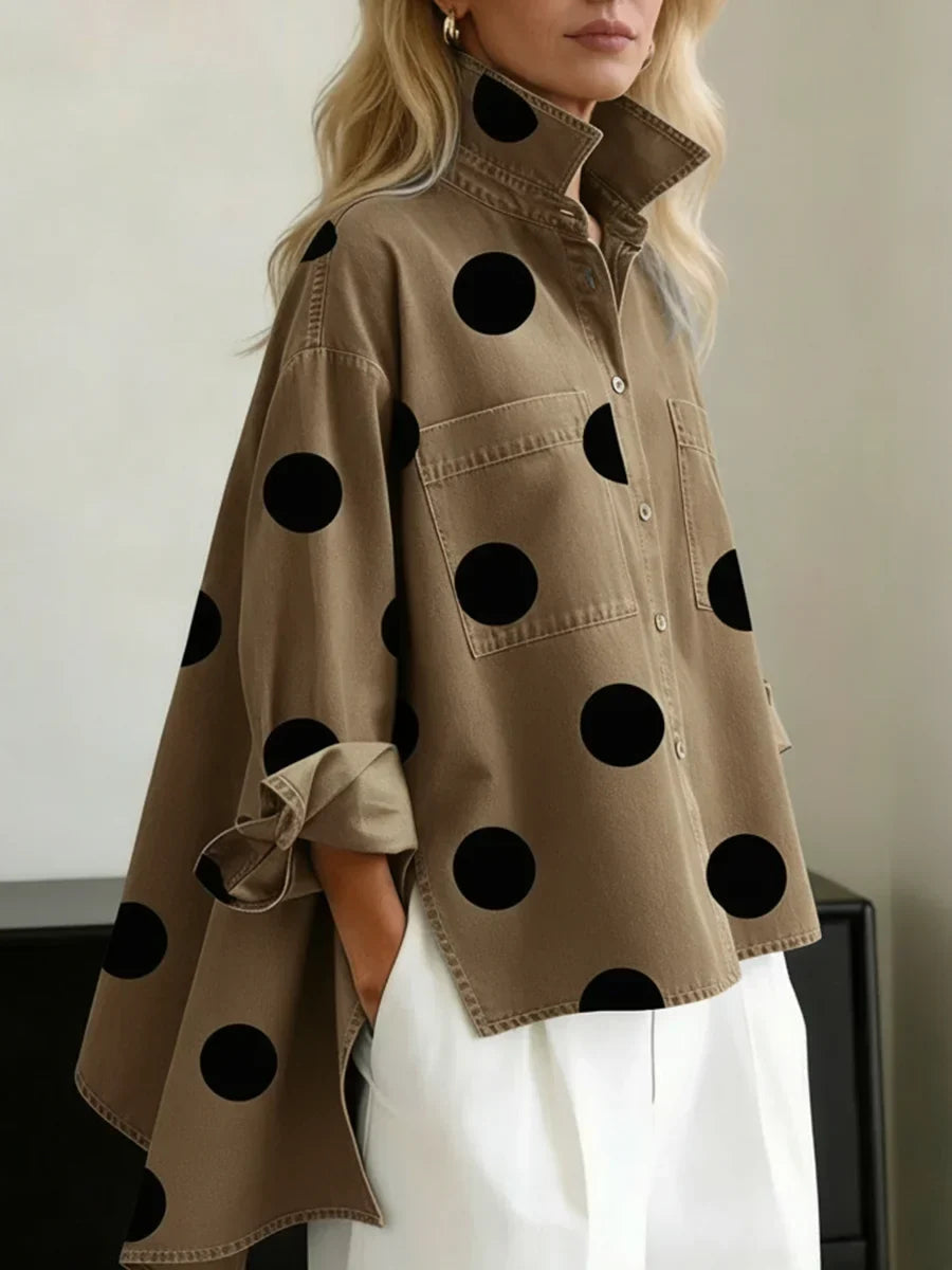 Claire | Polka Dot Button Up Shirt with Spread Collar and Chest Pockets