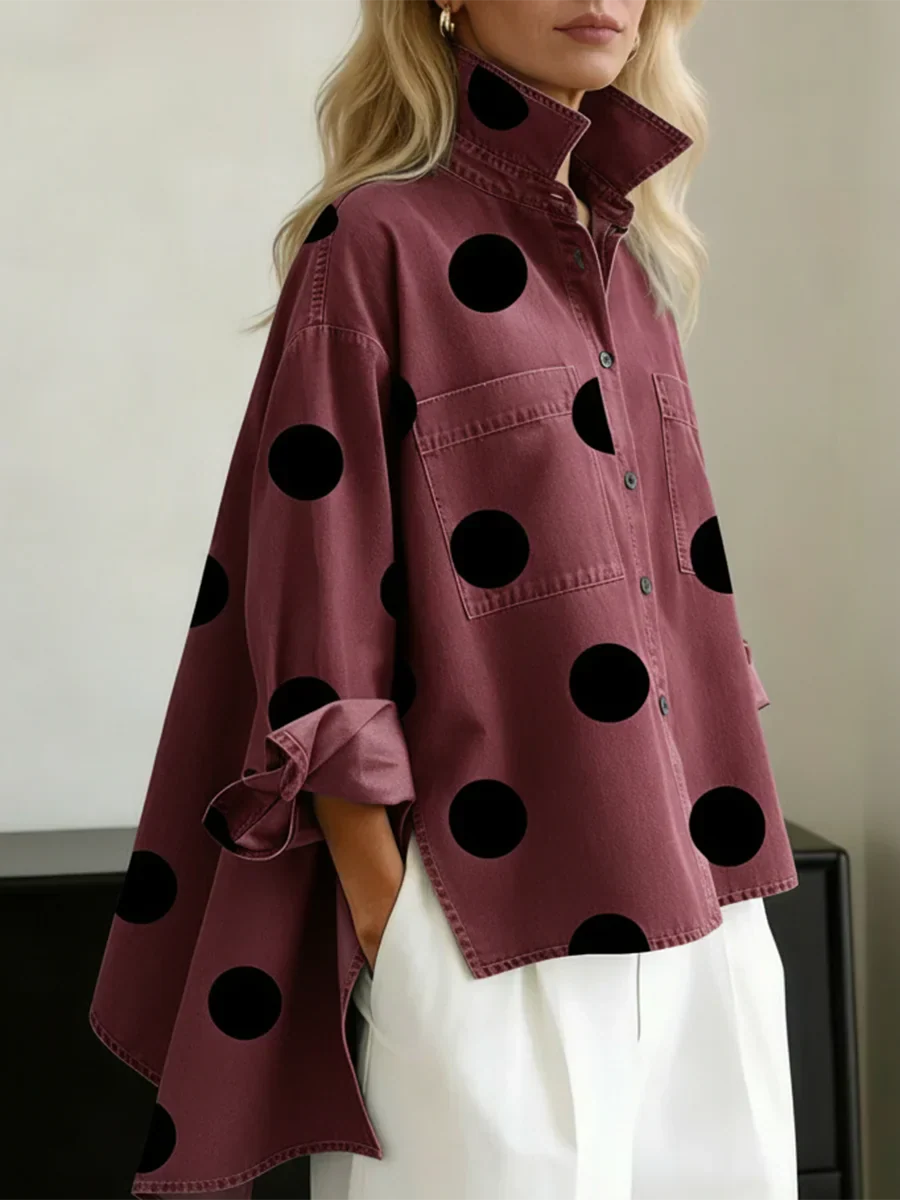 Claire | Polka Dot Button Up Shirt with Spread Collar and Chest Pockets