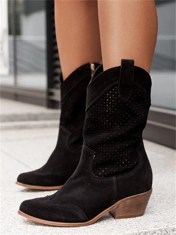 Taren | Women's Side-Zip Western Boots with Block Heel and Perforated Panels