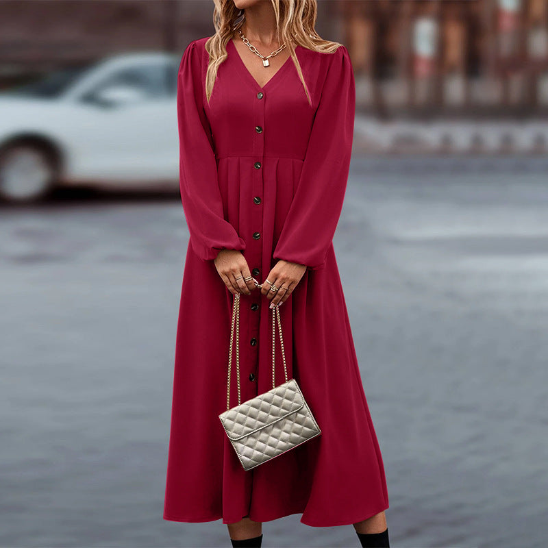 Women's Autumn V-Neck Maxi Dress – Long Sleeve Relaxed Casual Dress