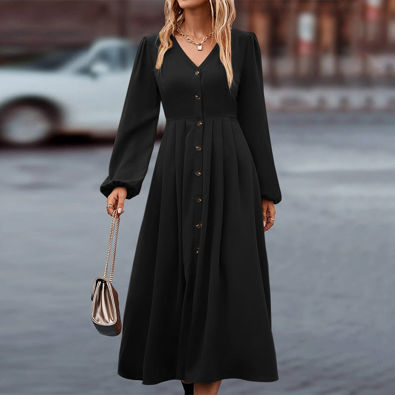 Women's Autumn V-Neck Maxi Dress – Long Sleeve Relaxed Casual Dress