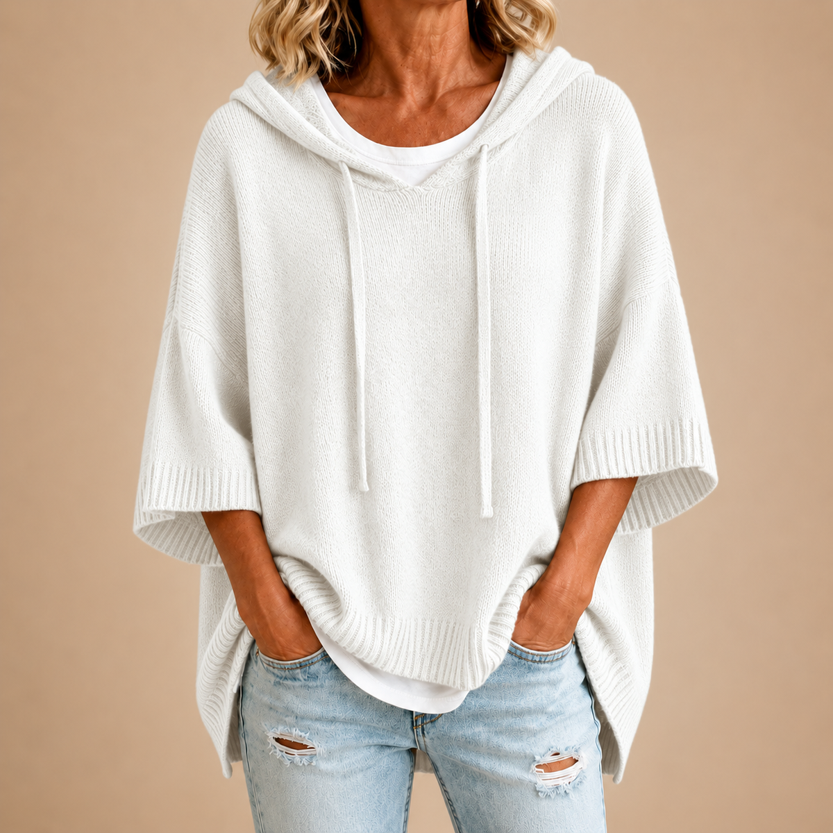 Mirella | Knit Hooded Poncho with Three-Quarter Sleeves