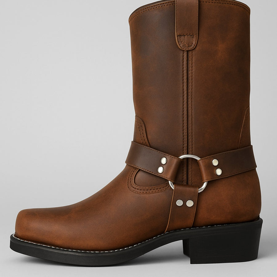 Eleanor | Women's Leather Harness-Buckle Mid-Calf Cowboy Boots