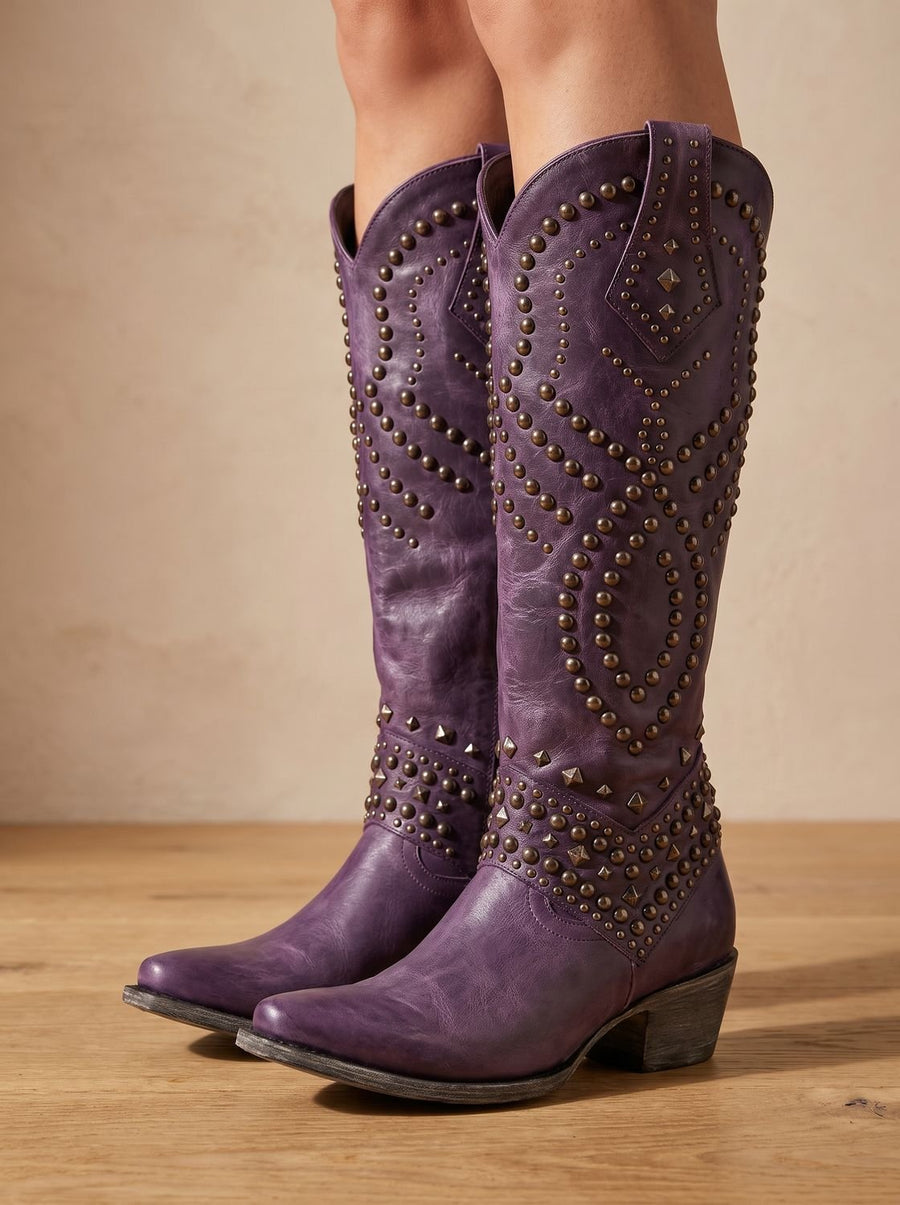 Emma | Women's Studded Knee-High Orthopedic Cowboy Boots Pointed Toe