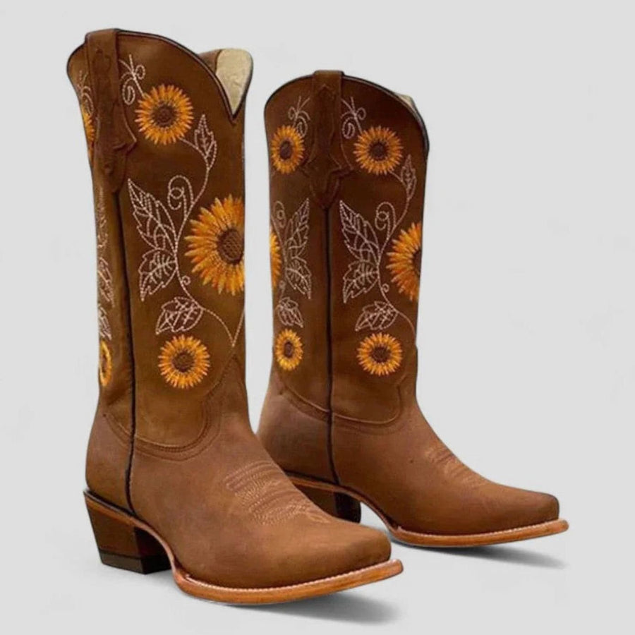 Luna | Women's Sunflower Embroidered Square-Toe Western Cowboy Boots