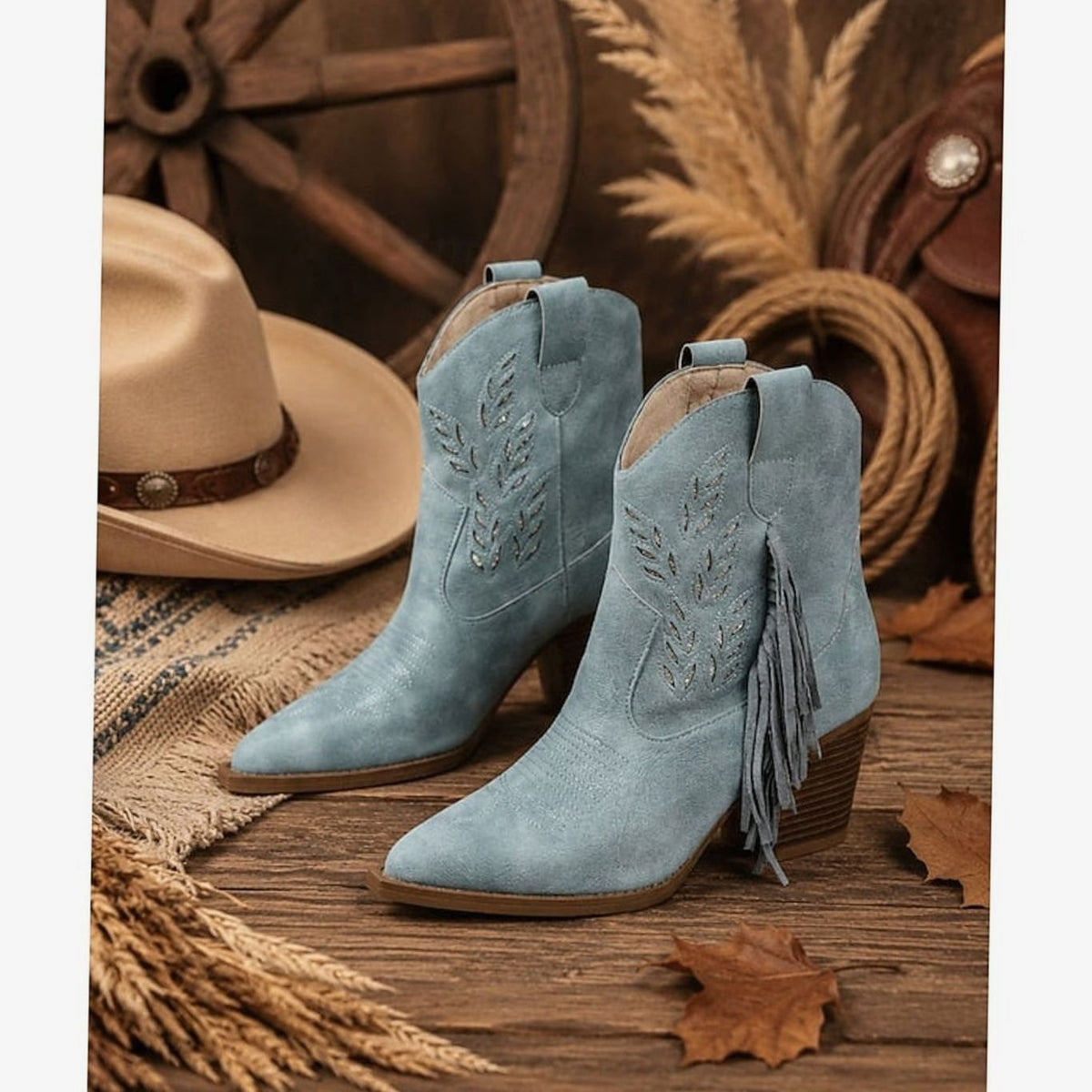 Camila | Women's Tasseled Western Ankle Boots Pointed-Toe Block Heel